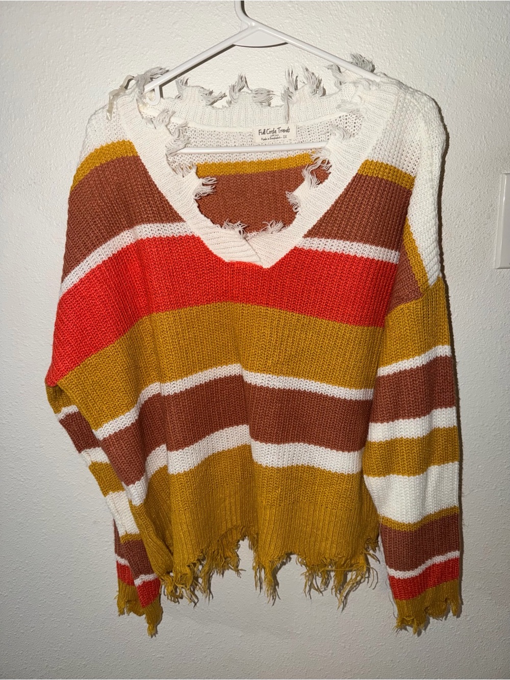 Full Circle Trends Long Sleeve Wide Striped V-Neck Frayed edge Sweater